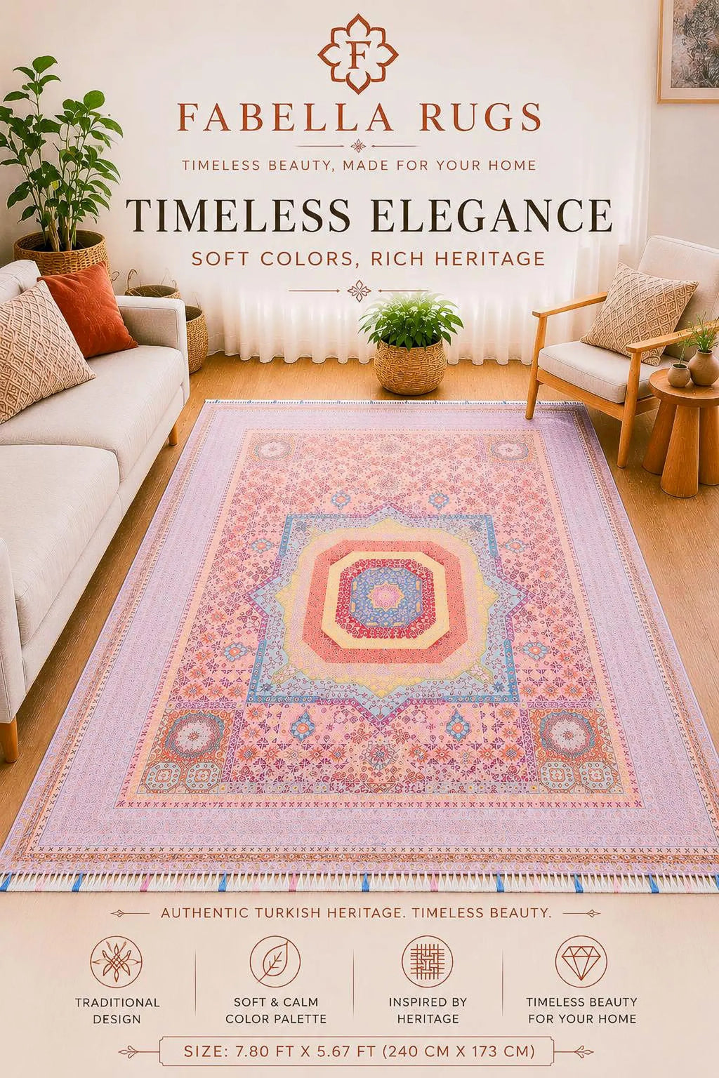 Pastel Vintage Turkish Rug 7.80 x 5.67 Ft – Handmade Oushak Area Rug – Soft Pink Boho Rug – One of a Kind Anatolian Carpet