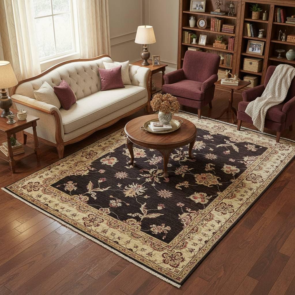 Handwoven Afghan Wool Area Rug 5.57x7.87 Ft Vintage Black Oriental Rug Traditional Handmade Wool Carpet Classic Living Room Decor