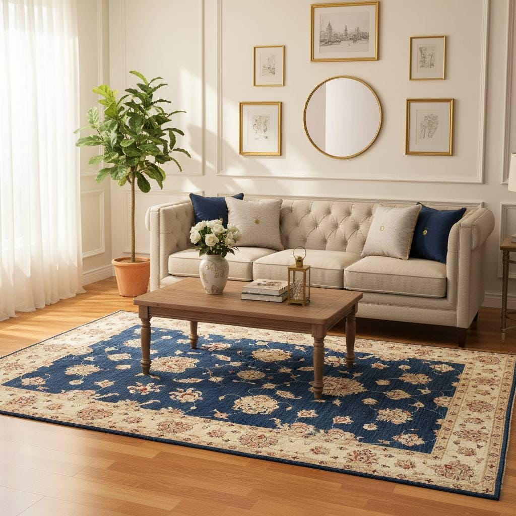One of a Kind Handwoven Afghan Wool Rug 8x6 ft Navy Blue Floral Oriental Rug Vintage Style Traditional Living Room Area Rug OOAK