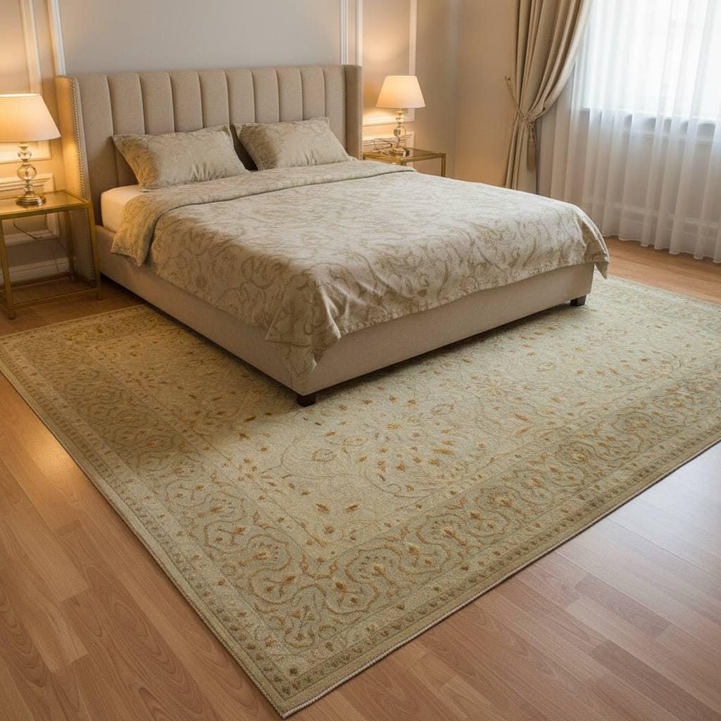 Handwoven Indian Silk Wool Rug 5.57x7.87 ft, One of a Kind Oriental Area Rug, Luxury Floral Carpet, Beige Gold Vintage Style Living Room Rug