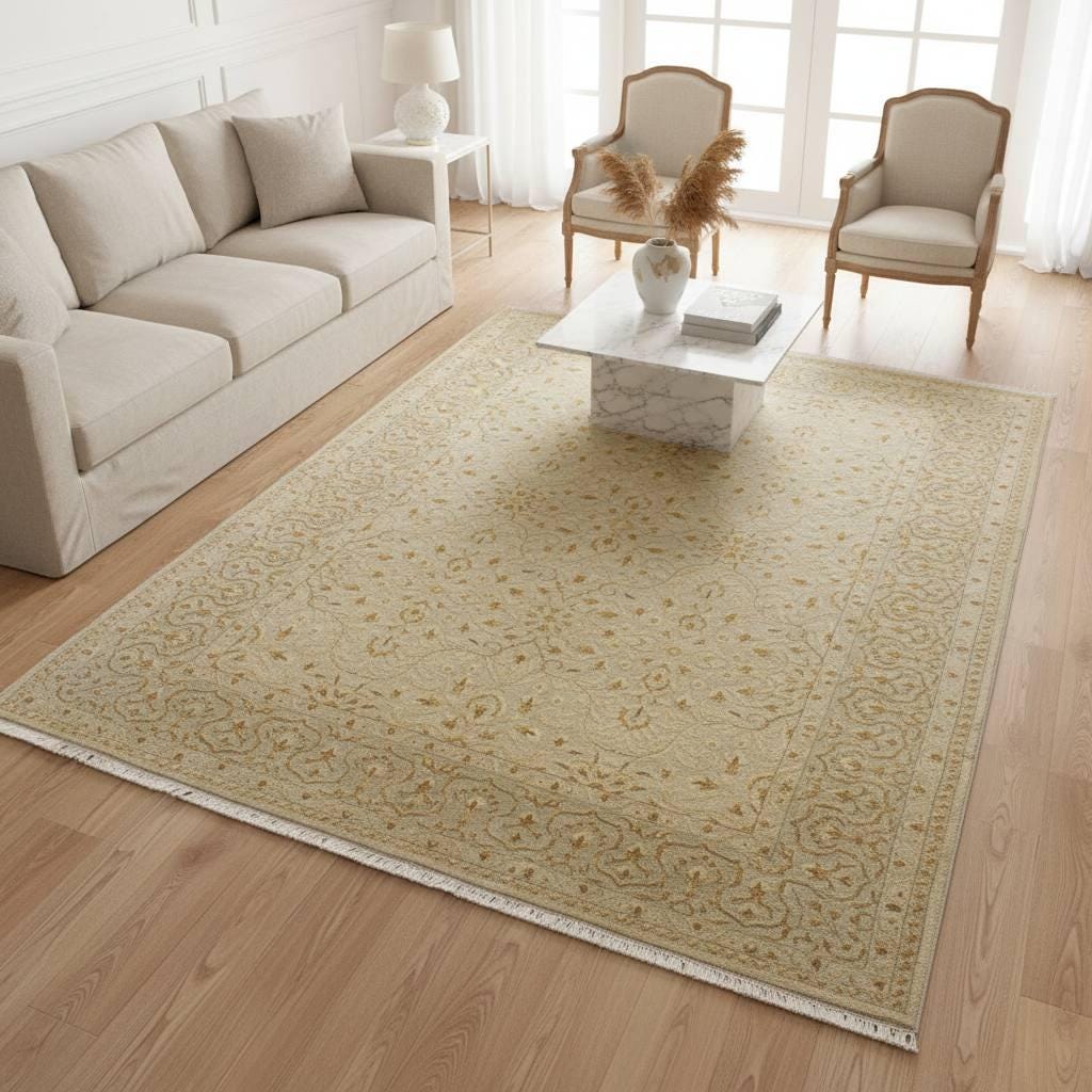 Handwoven Indian Silk Wool Rug 5.57x7.87 ft, One of a Kind Oriental Area Rug, Luxury Floral Carpet, Beige Gold Vintage Style Living Room Rug