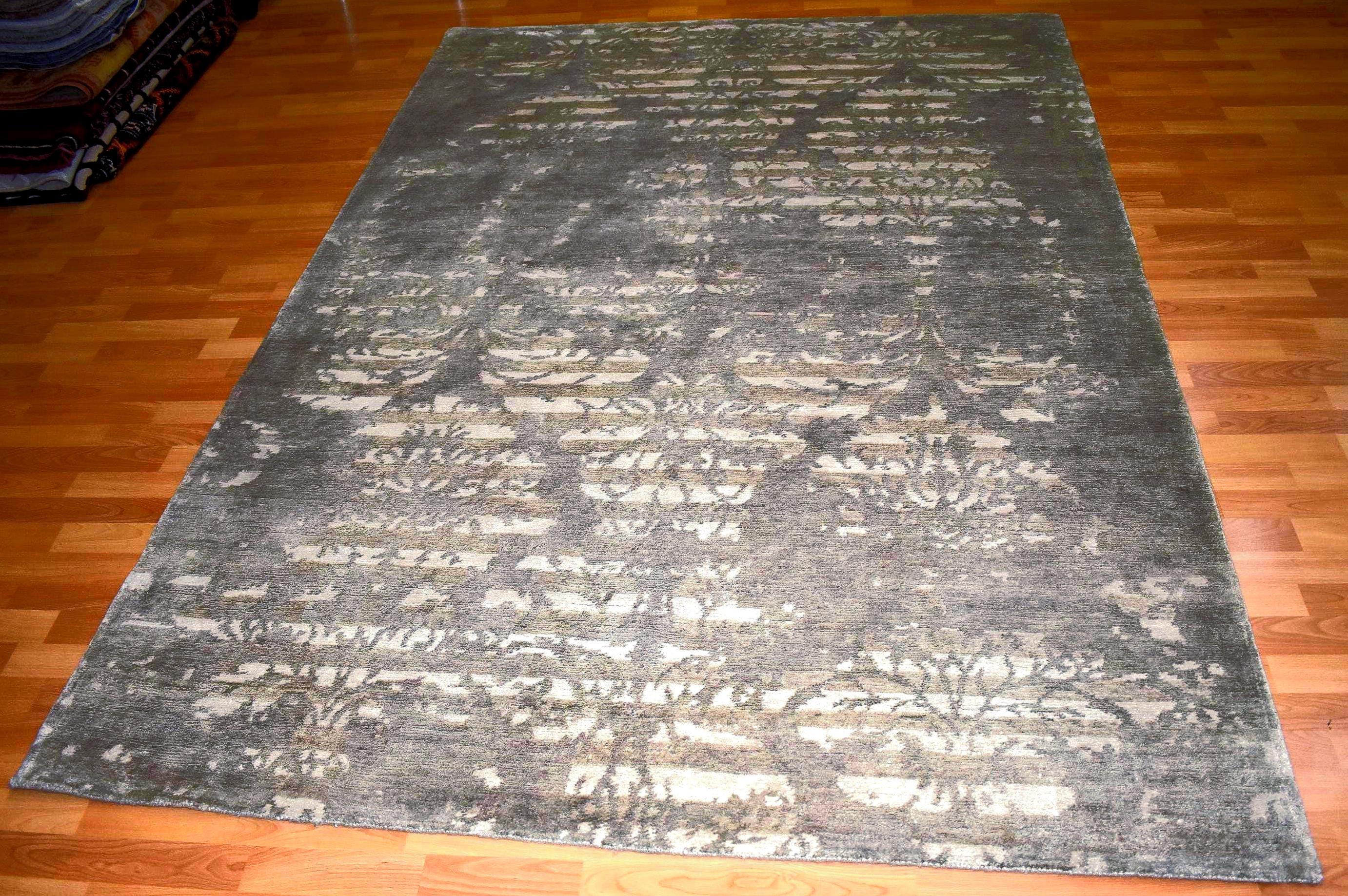 Handwoven Bamboo Silk Rug 5.57x7.87 ft Modern Indian Area Rug, One of a Kind OOAK Carpet, Luxury Neutral Contemporary Living Room Rug