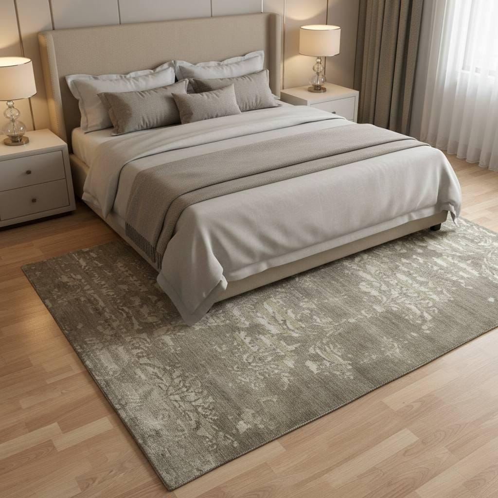 Handwoven Bamboo Silk Rug 5.57x7.87 ft Modern Indian Area Rug, One of a Kind OOAK Carpet, Luxury Neutral Contemporary Living Room Rug
