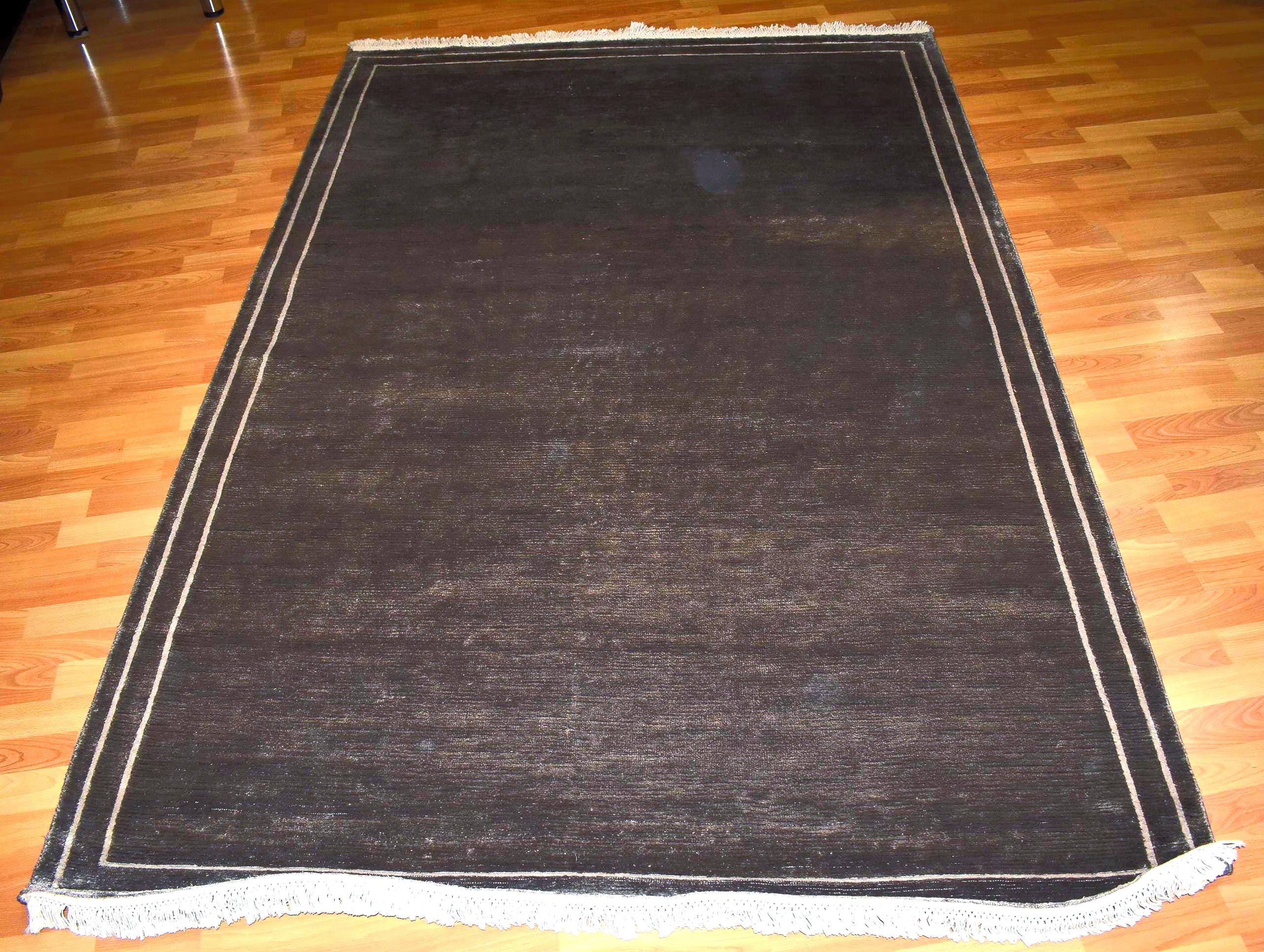 Handwoven Bamboo Silk Rug 5.57x7.87 ft Modern Indian Luxury Area Rug, One of a Kind OOAK Dark Brown Minimalist Carpet for Living Room Decor
