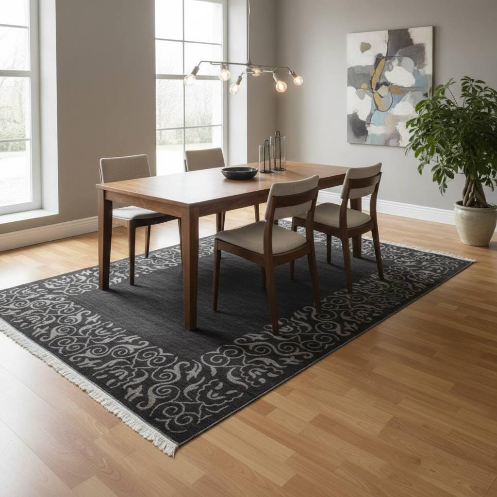 Black Gray Modern Area Rug Indian Hand Woven Rug Viscose Bamboo Silk Rug Luxury Living Room Rug Decorative Border Bedroom Rug