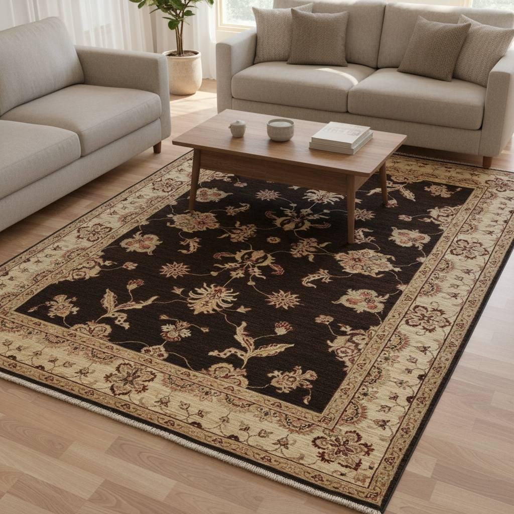 Handwoven Afghan Wool Area Rug 5.57x7.87 Ft Vintage Black Oriental Rug Traditional Handmade Wool Carpet Classic Living Room Decor