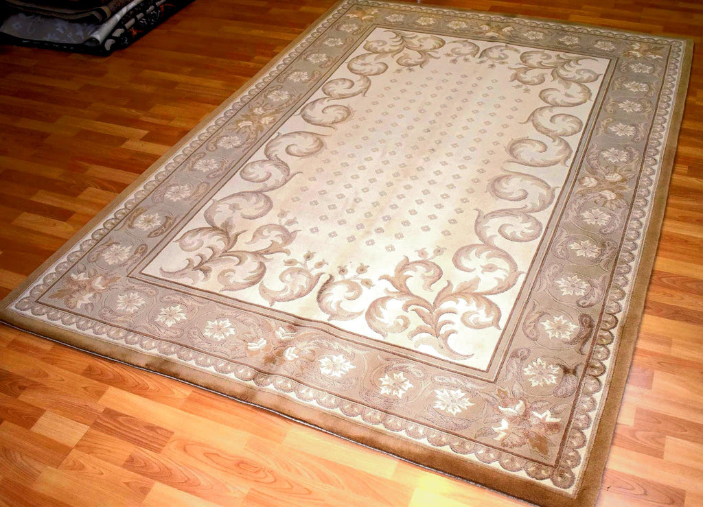 Handwoven Chinese Wool Rug 5.6x7.9 ft Beige Oriental Area Rug Traditional Floral Carpet Classic Living Room Decor One of a Kind