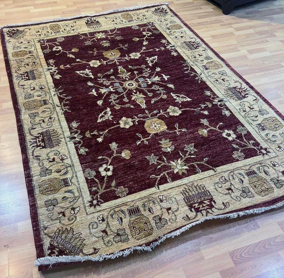 Red Afghan Rug 5x8 ft – Handmade Wool Vintage Area Rug, One of a Kind Oriental Carpet, Small Living Room Rug