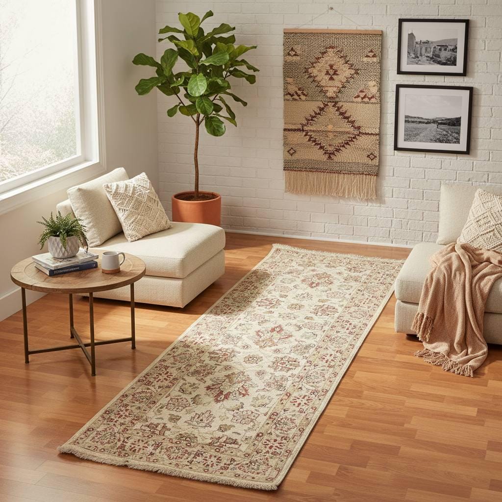 One of a Kind Handwoven Afghan Wool Runner Rug 2.6x6.5 ft Vintage Oriental Hallway Runner Cream Red Tribal Narrow Corridor Rug OOAK