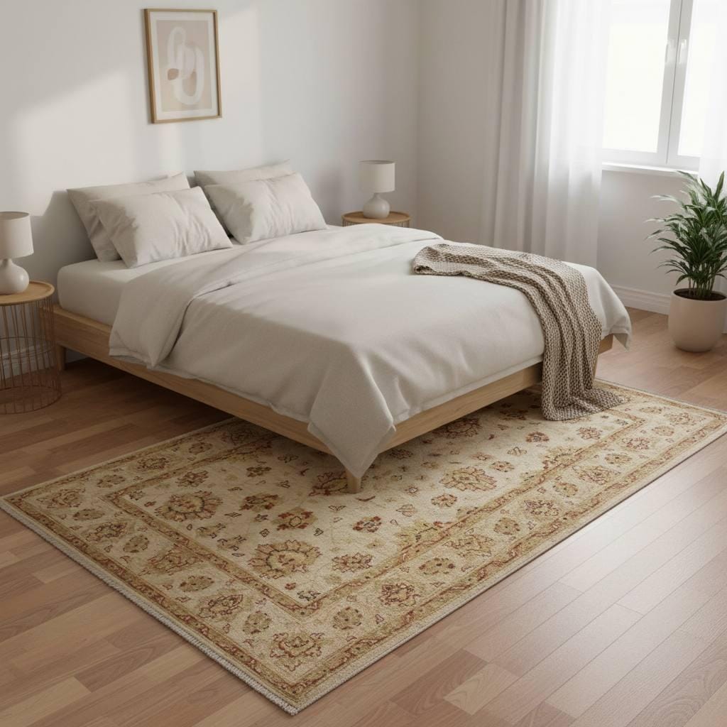 Handwoven Afghan Wool Area Rug 4.6x6.6 ft One of a Kind Vintage Oriental Rug Cream Beige Tribal Oushak Style Boho Living Room Carpet