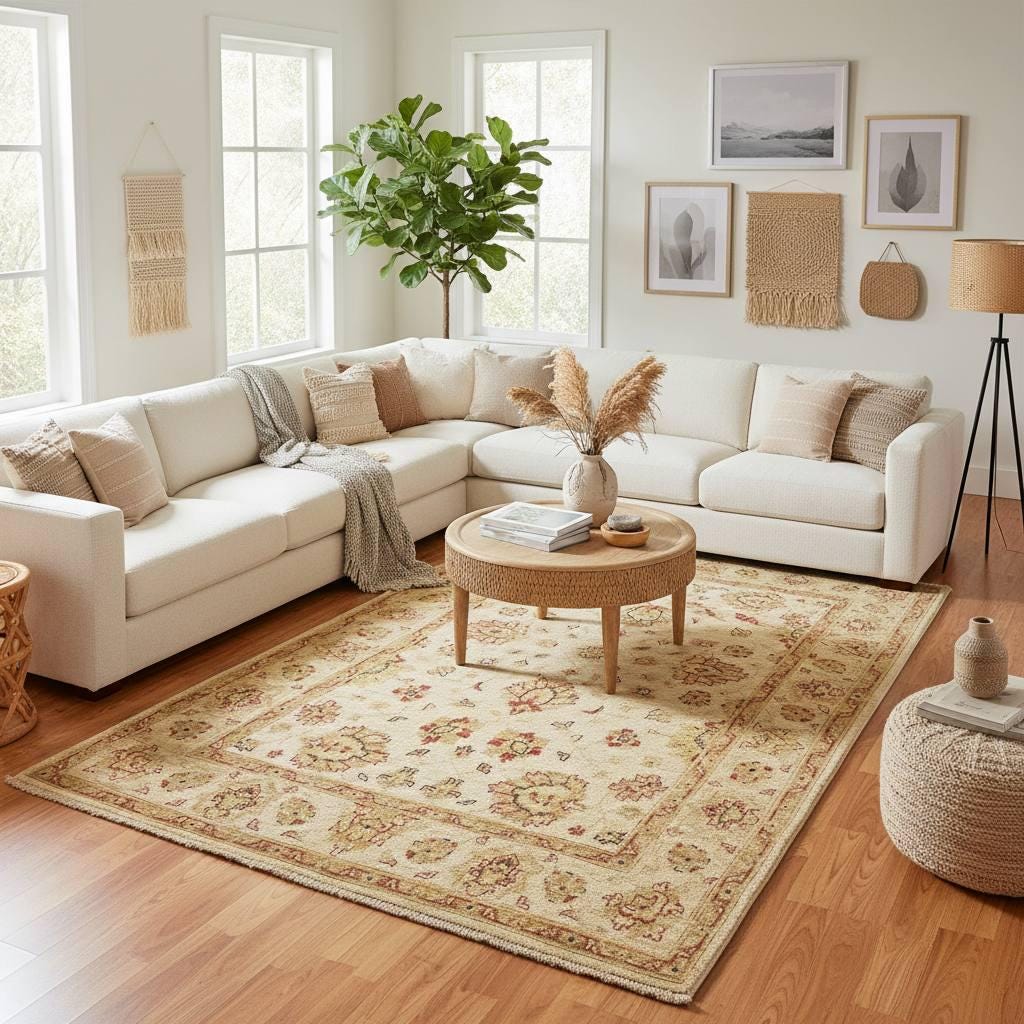 Handwoven Afghan Wool Area Rug 4.6x6.6 ft One of a Kind Vintage Oriental Rug Cream Beige Tribal Oushak Style Boho Living Room Carpet