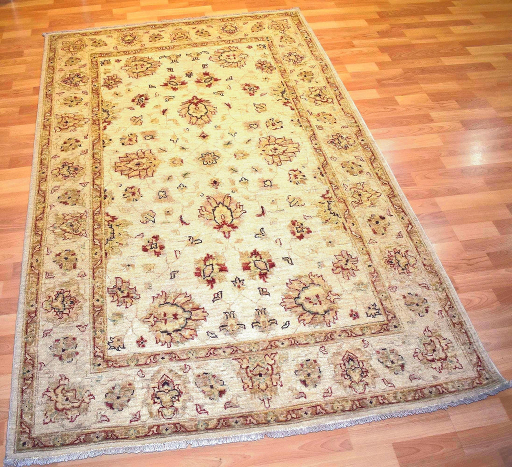 Handwoven Afghan Wool Area Rug 4.6x6.6 ft One of a Kind Vintage Oriental Rug Cream Beige Tribal Oushak Style Boho Living Room Carpet