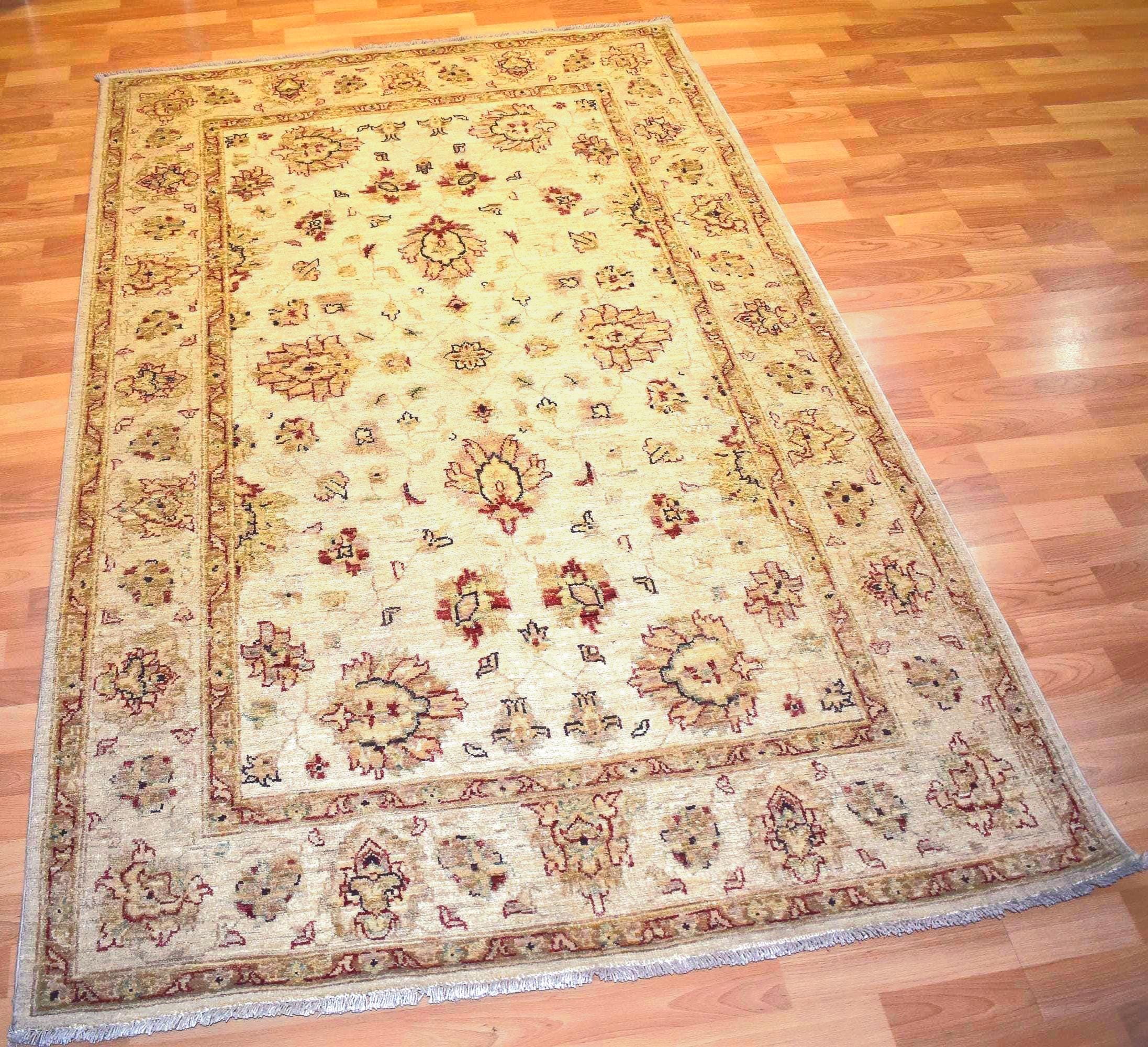 Handwoven Afghan Wool Area Rug 4.6x6.6 ft One of a Kind Vintage Oriental Rug Cream Beige Tribal Oushak Style Boho Living Room Carpet