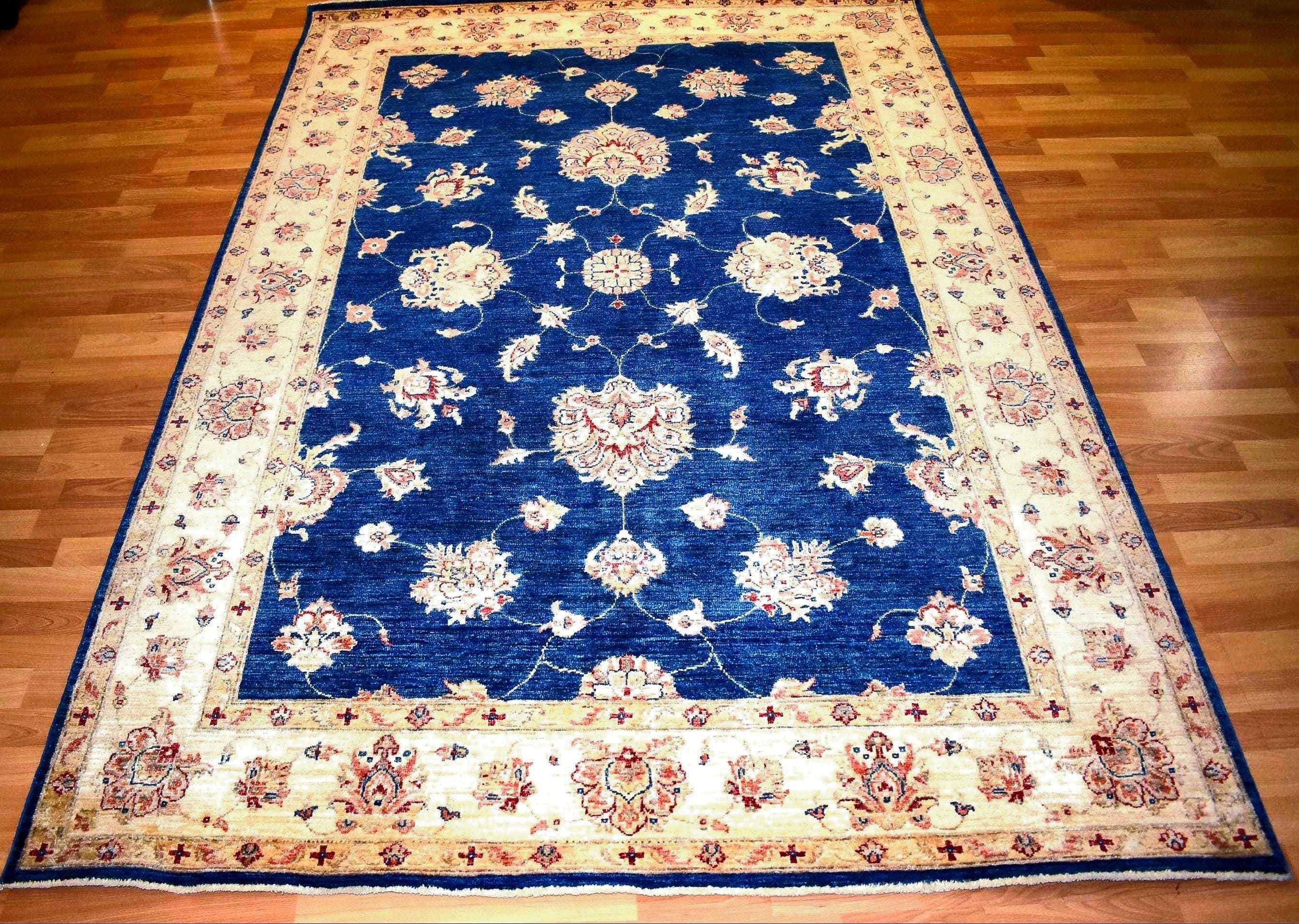 One of a Kind Handwoven Afghan Wool Rug 8x6 ft Navy Blue Floral Oriental Rug Vintage Style Traditional Living Room Area Rug OOAK