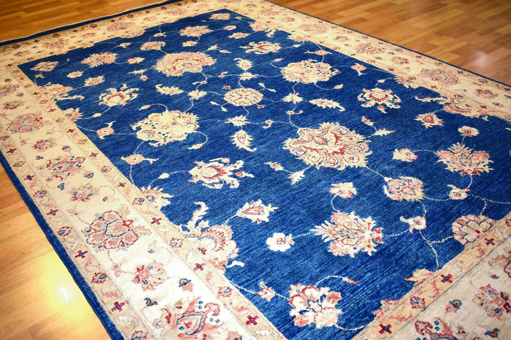 One of a Kind Handwoven Afghan Wool Rug 8x6 ft Navy Blue Floral Oriental Rug Vintage Style Traditional Living Room Area Rug OOAK