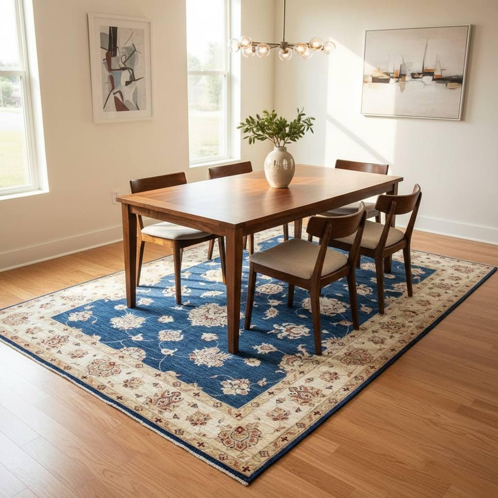 One of a Kind Handwoven Afghan Wool Rug 8x6 ft Navy Blue Floral Oriental Rug Vintage Style Traditional Living Room Area Rug OOAK