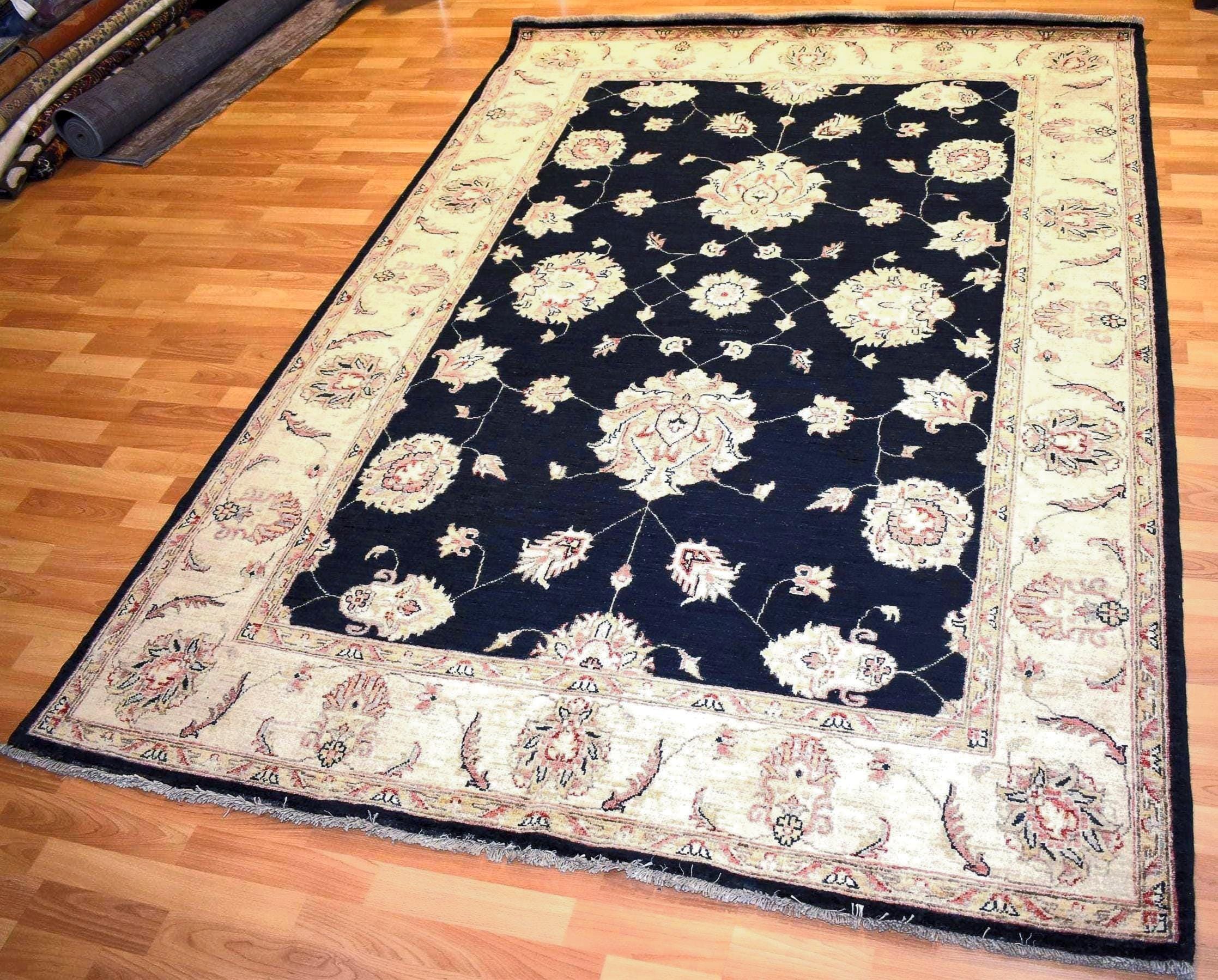 Handwoven Afghan Wool Rug 6.5x5 Ft Black Oriental Rug One of a Kind Traditional Floral Rug Vintage Tribal Area Rug Luxury Living Room Decor