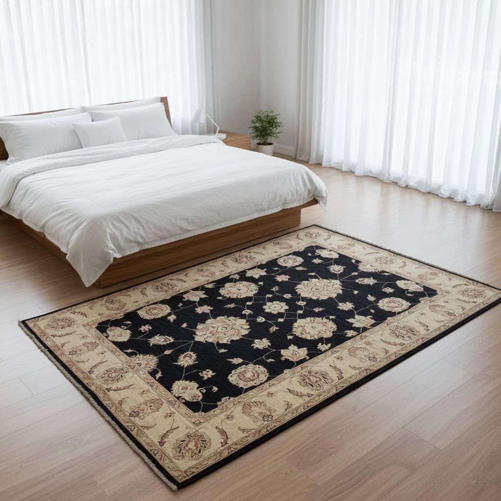 Handwoven Afghan Wool Rug 6.5x5 Ft Black Oriental Rug One of a Kind Traditional Floral Rug Vintage Tribal Area Rug Luxury Living Room Decor