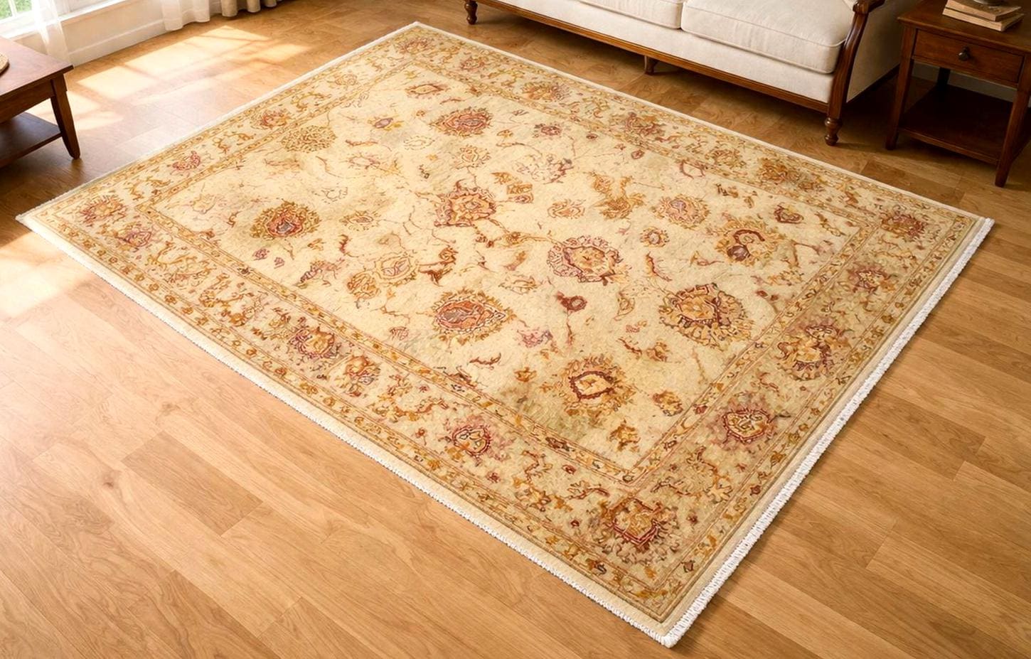 Handwoven Afghan Wool Rug 4.9x6.5 ft, Vintage Tribal Oriental Carpet, Gold Beige Traditional Area Rug, Classic Living Room Decor