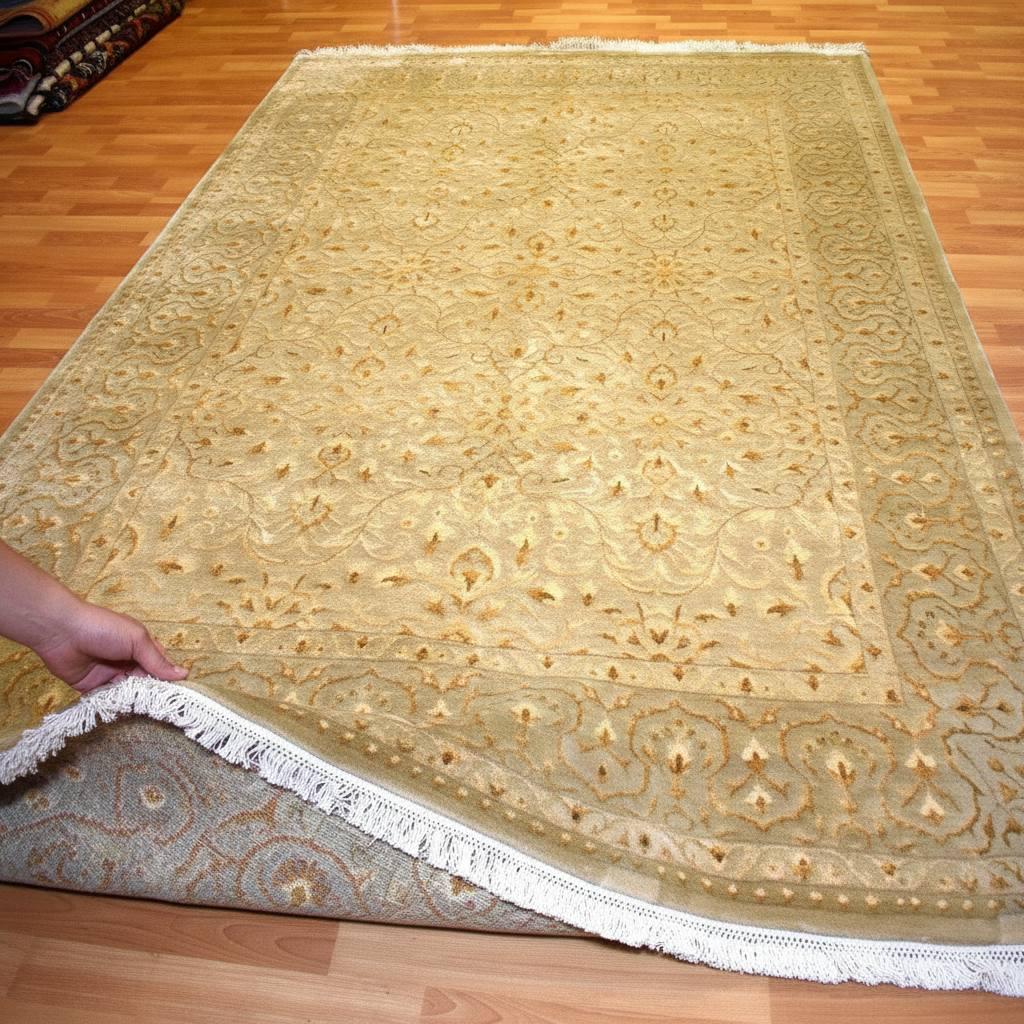 Handwoven Indian Silk Wool Rug 5.57x7.87 ft, One of a Kind Oriental Area Rug, Luxury Floral Carpet, Beige Gold Vintage Style Living Room Rug