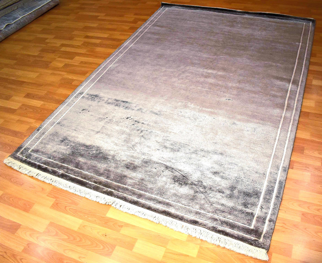 Handwoven Bamboo Silk Rug 5.57x7.87 ft Modern Indian Luxury Area Rug, One of a Kind OOAK Dark Brown Minimalist Carpet for Living Room Decor