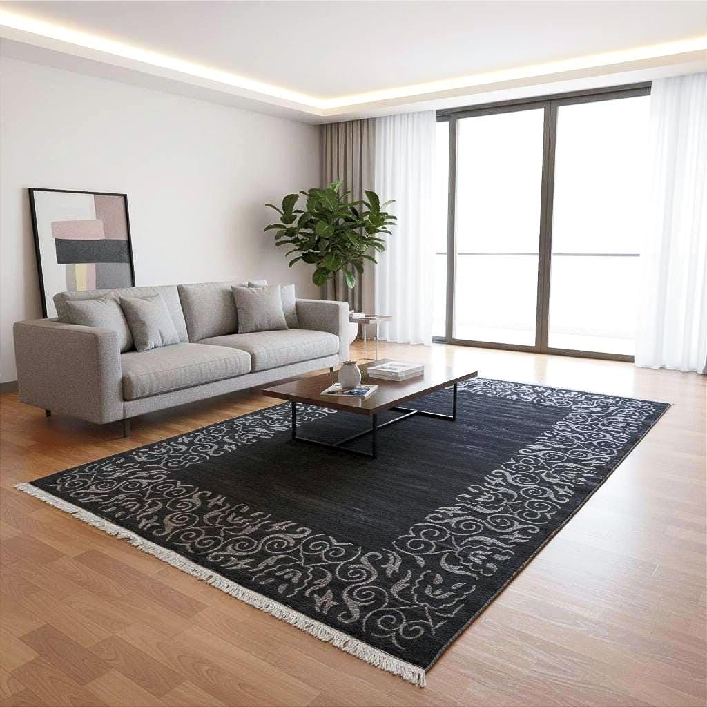 Black Gray Modern Area Rug Indian Hand Woven Rug Viscose Bamboo Silk Rug Luxury Living Room Rug Decorative Border Bedroom Rug