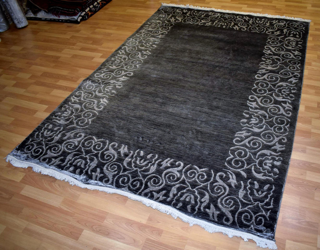Black Gray Modern Area Rug Indian Hand Woven Rug Viscose Bamboo Silk Rug Luxury Living Room Rug Decorative Border Bedroom Rug