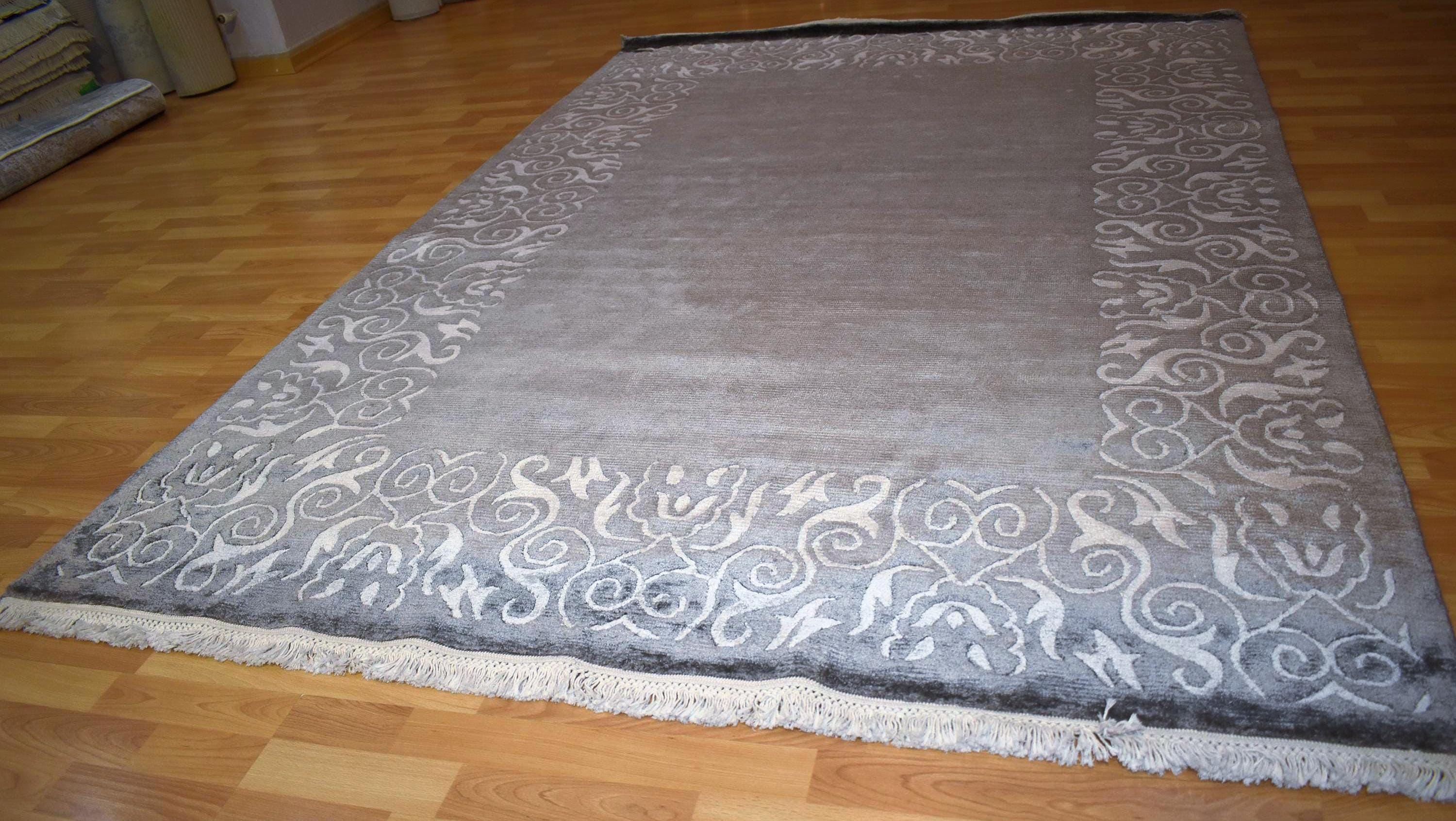 Black Gray Modern Area Rug Indian Hand Woven Rug Viscose Bamboo Silk Rug Luxury Living Room Rug Decorative Border Bedroom Rug