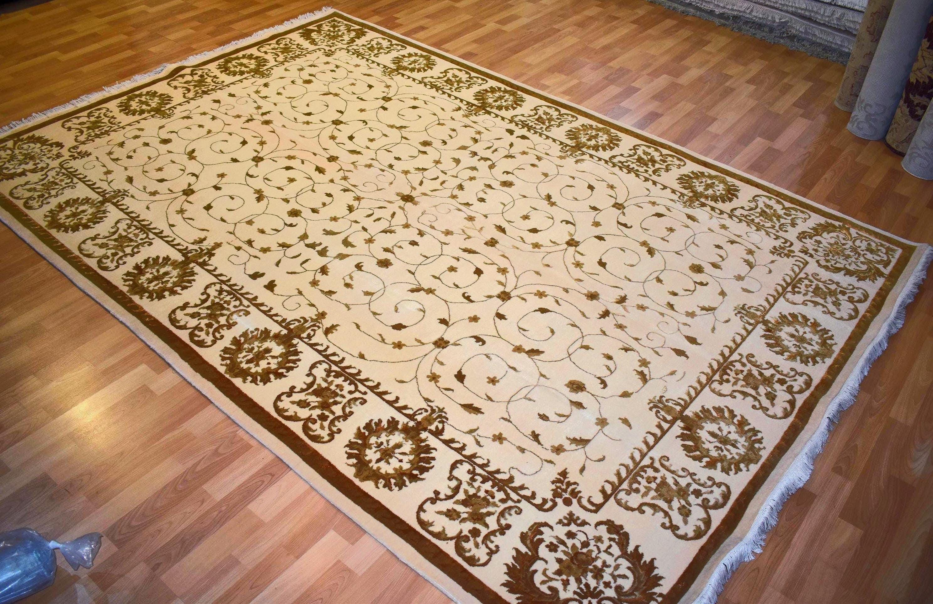 Hand Knotted Wool Silk Rug 6.5x10 – Luxury Floral Oriental Area Rug, Large Living Room Carpet, Handmade, Free Express Shipping USA