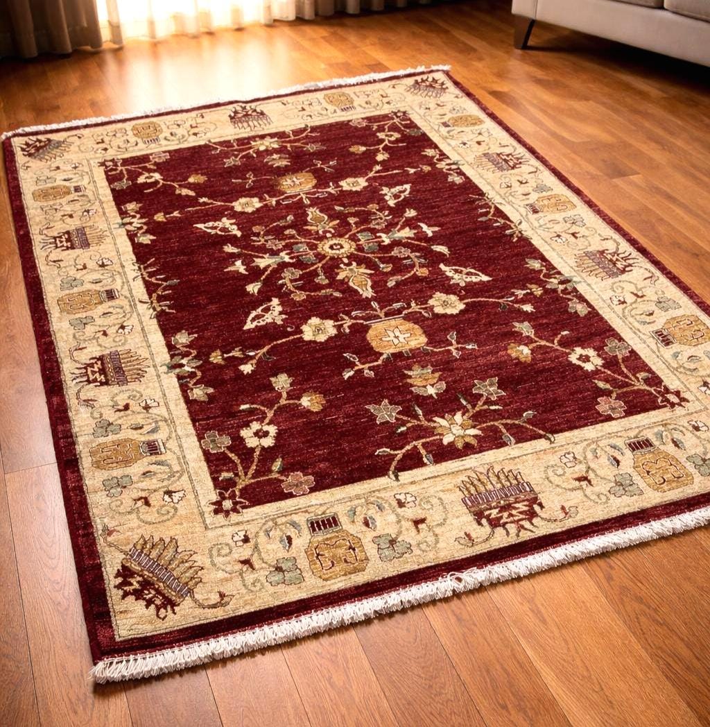 Red Afghan Rug 5x8 ft – Handmade Wool Vintage Area Rug, One of a Kind Oriental Carpet, Small Living Room Rug