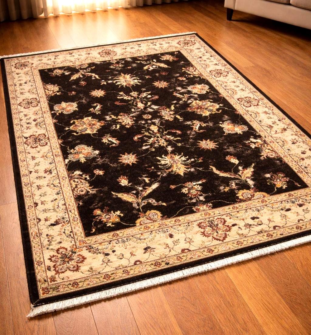 Handwoven Afghan Wool Area Rug 5.57x7.87 Ft Vintage Black Oriental Rug Traditional Handmade Wool Carpet Classic Living Room Decor