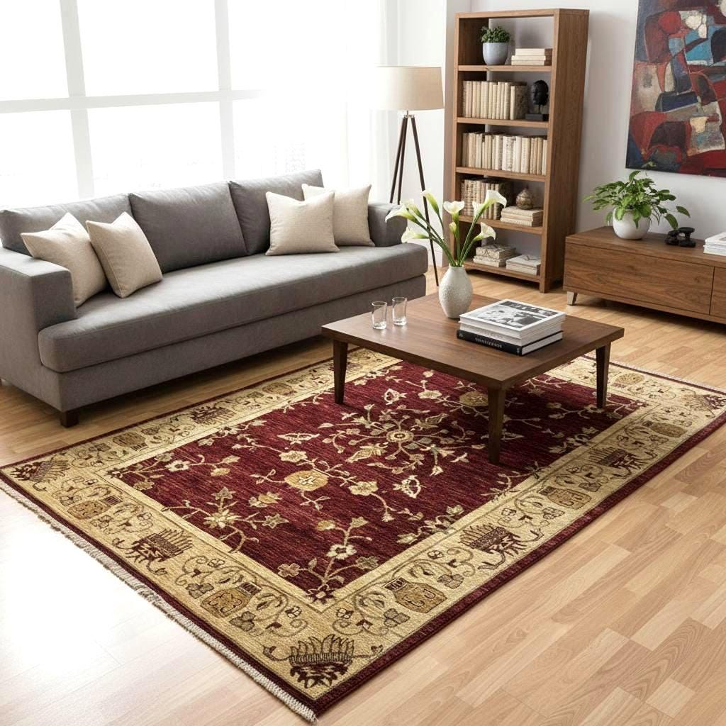 Red Afghan Rug 5x8 ft – Handmade Wool Vintage Area Rug, One of a Kind Oriental Carpet, Small Living Room Rug