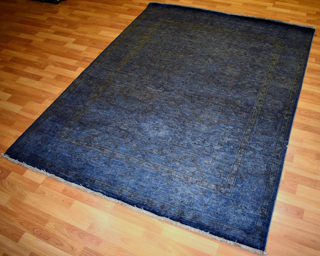 Handwoven Overdyed Afghan Wool Rug 6.5x5 ft Navy Blue Vintage Oriental Rug Distressed Tribal Area Rug Boho Living Room Carpet