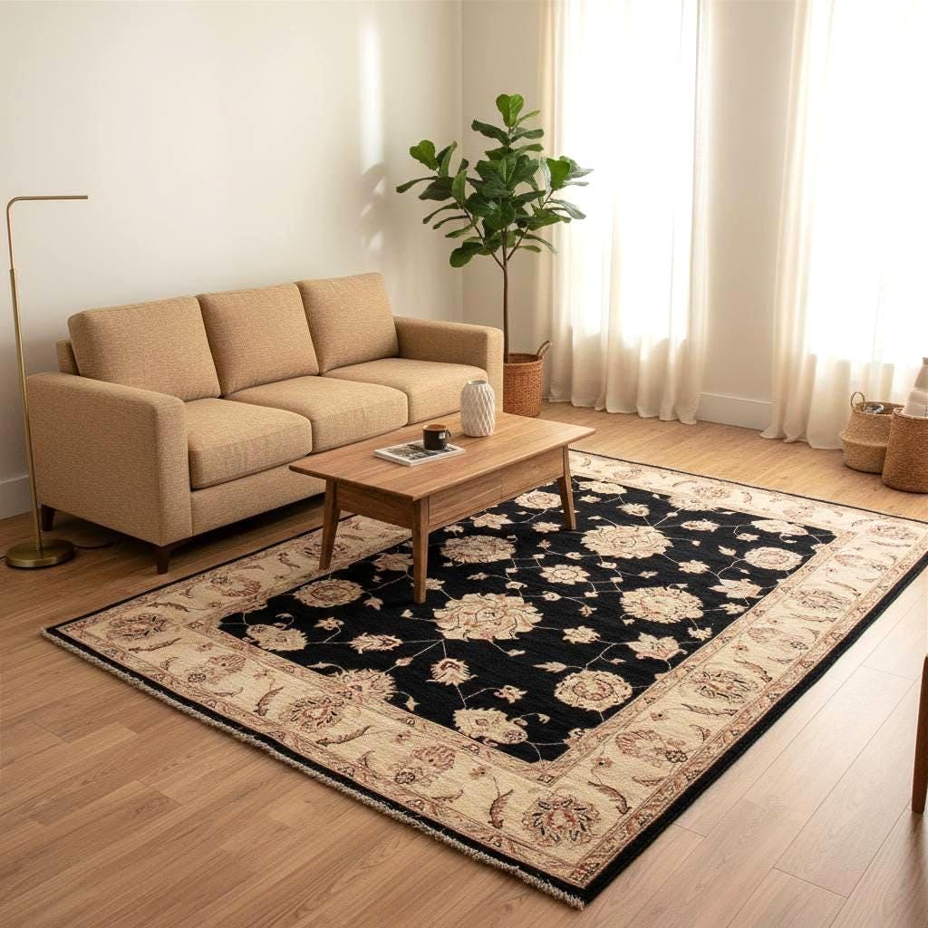 Handwoven Afghan Wool Rug 6.5x5 Ft Black Oriental Rug One of a Kind Traditional Floral Rug Vintage Tribal Area Rug Luxury Living Room Decor