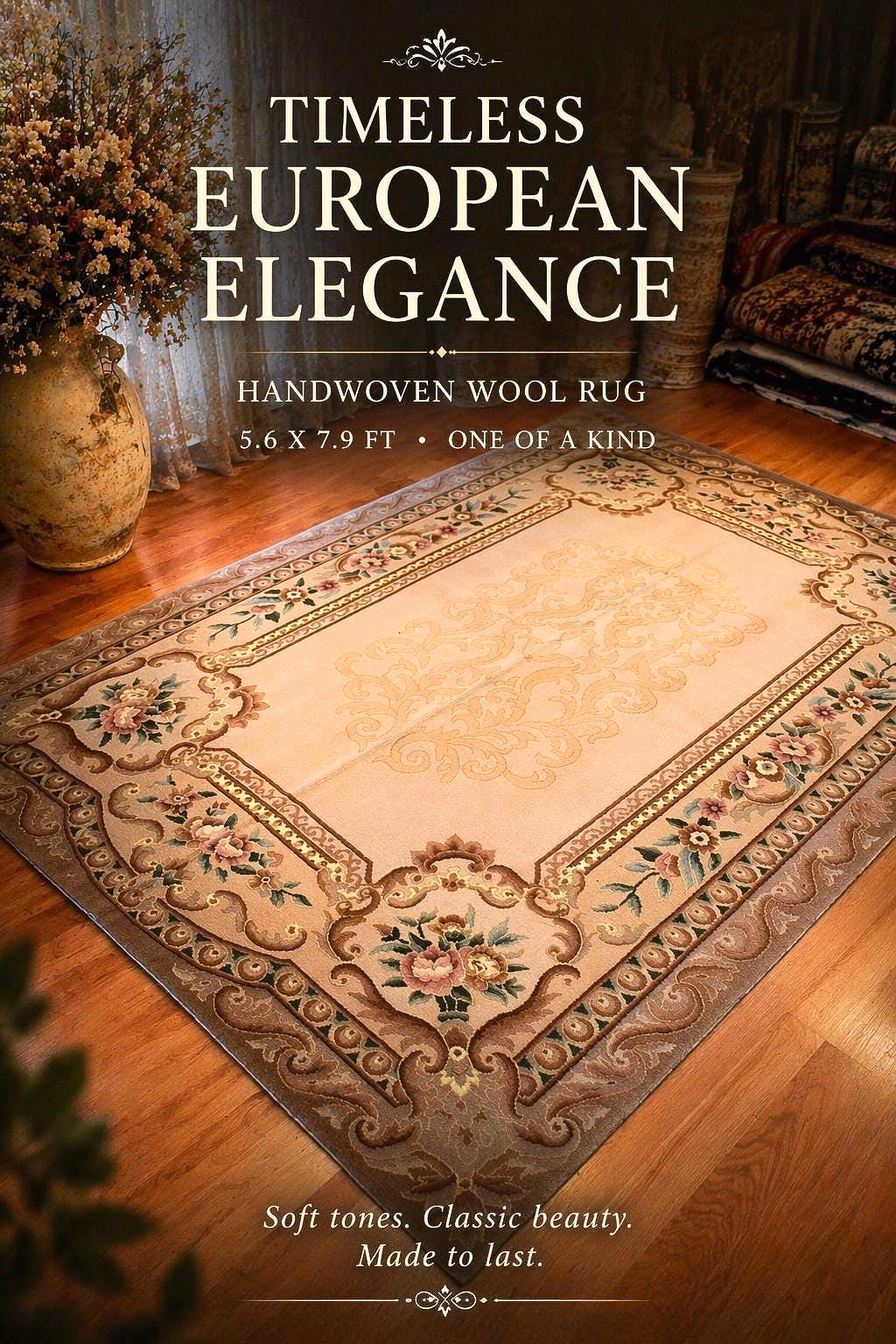 Handwoven Chinese Wool Rug 5.57x7.87 ft Floral Oriental Area Rug Beige Traditional European Living Room Carpet One of a Kind