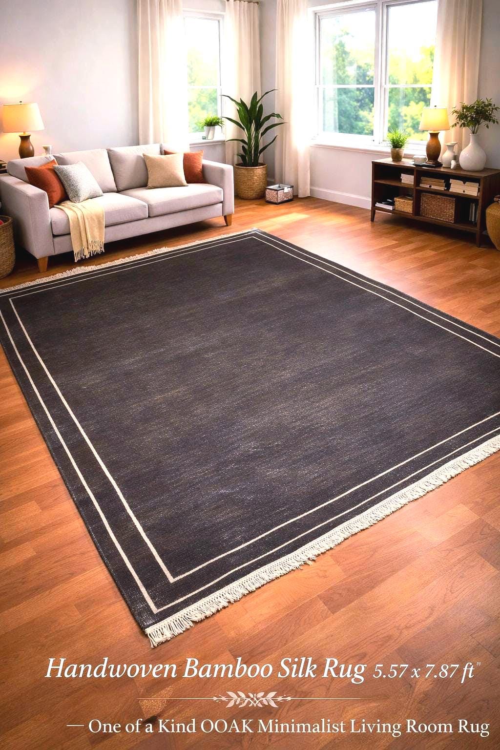 Handwoven Bamboo Silk Rug 5.57x7.87 ft Modern Indian Luxury Area Rug, One of a Kind OOAK Dark Brown Minimalist Carpet for Living Room Decor