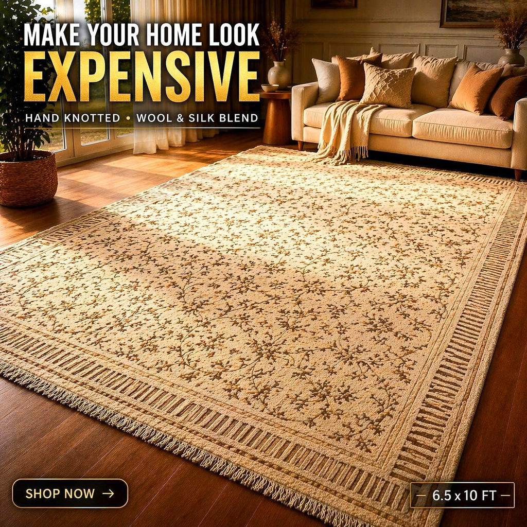 Hand Knotted Wool Silk Rug 6.5x10 – Luxury Floral Area Rug, Handmade Oriental Carpet, Large Living Room Rug, Free Express Shipping USA