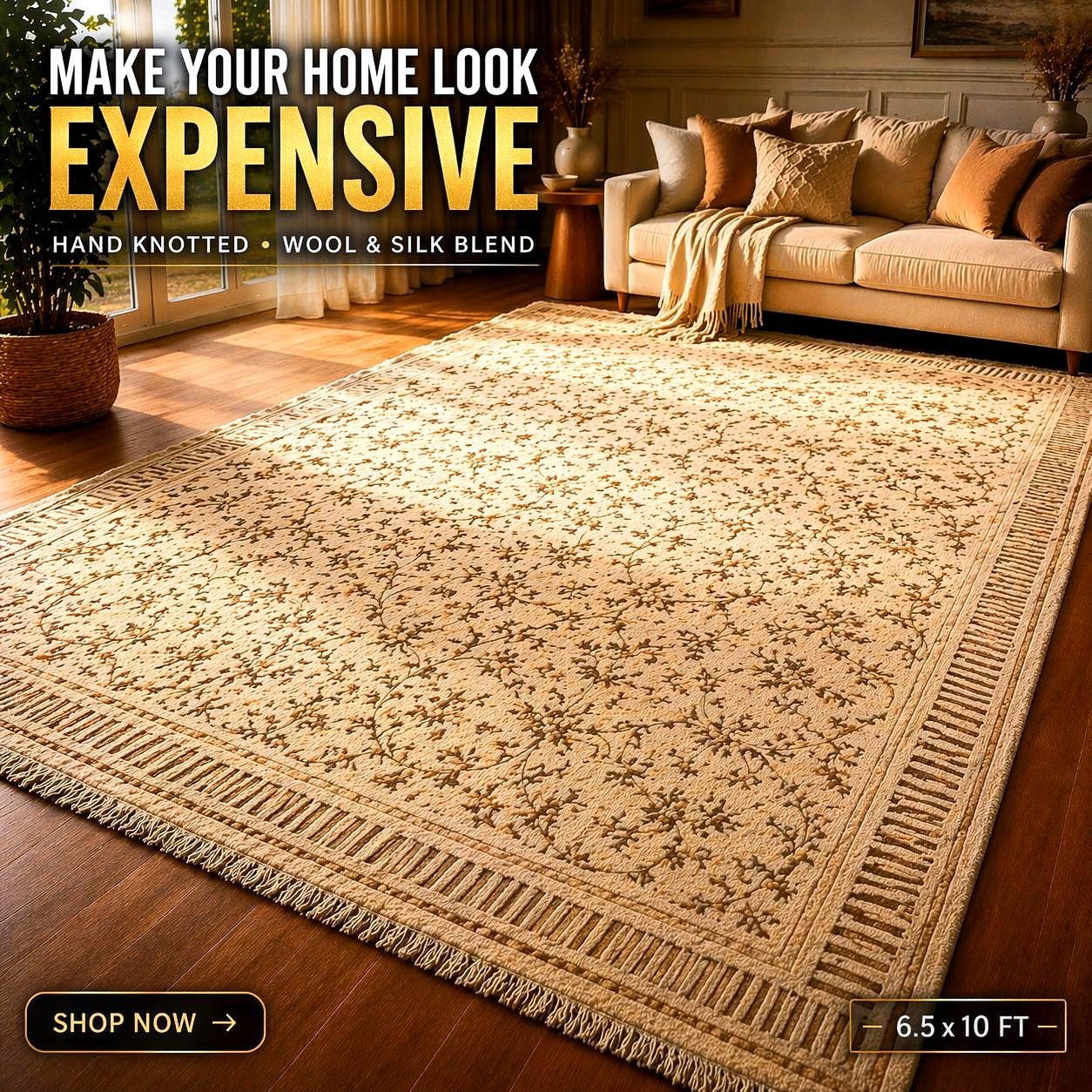 Hand Knotted Wool Silk Rug 6.5x10 – Luxury Floral Area Rug, Handmade Oriental Carpet, Large Living Room Rug, Free Express Shipping USA