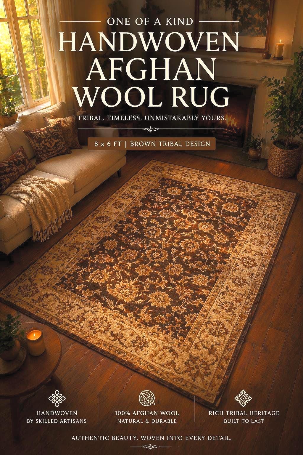 One of a Kind Handwoven Afghan Wool Rug 8x6 Ft Brown Tribal Oriental Carpet Traditional Vintage Area Rug Living Room Decor