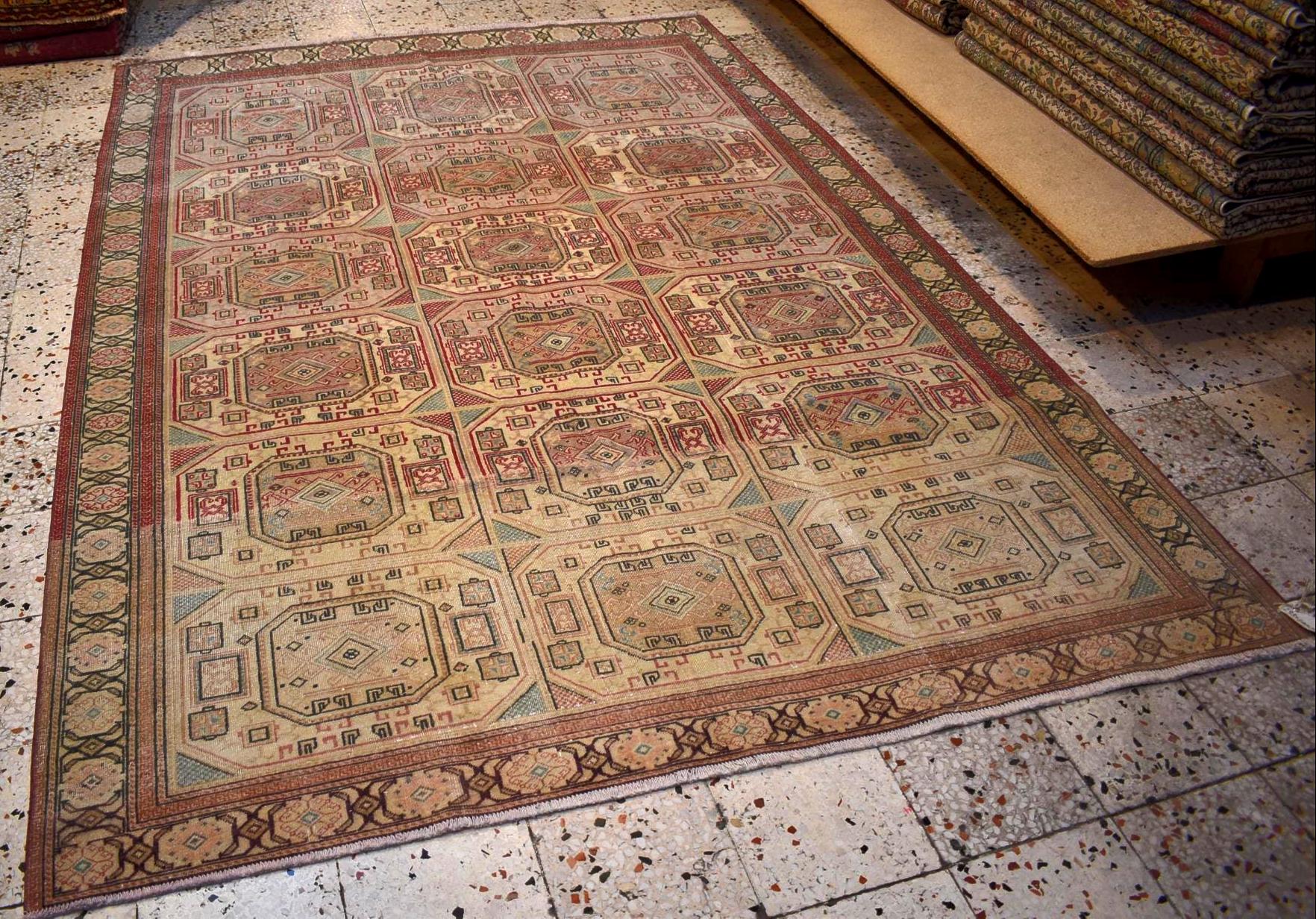 Hand Knotted Wool Rug 6.5x9.8 ft Vintage Turkish Kayseri Bunyan Rug, Large Living Room Area Rug, Beige Neutral Oriental Carpet One of a Kind