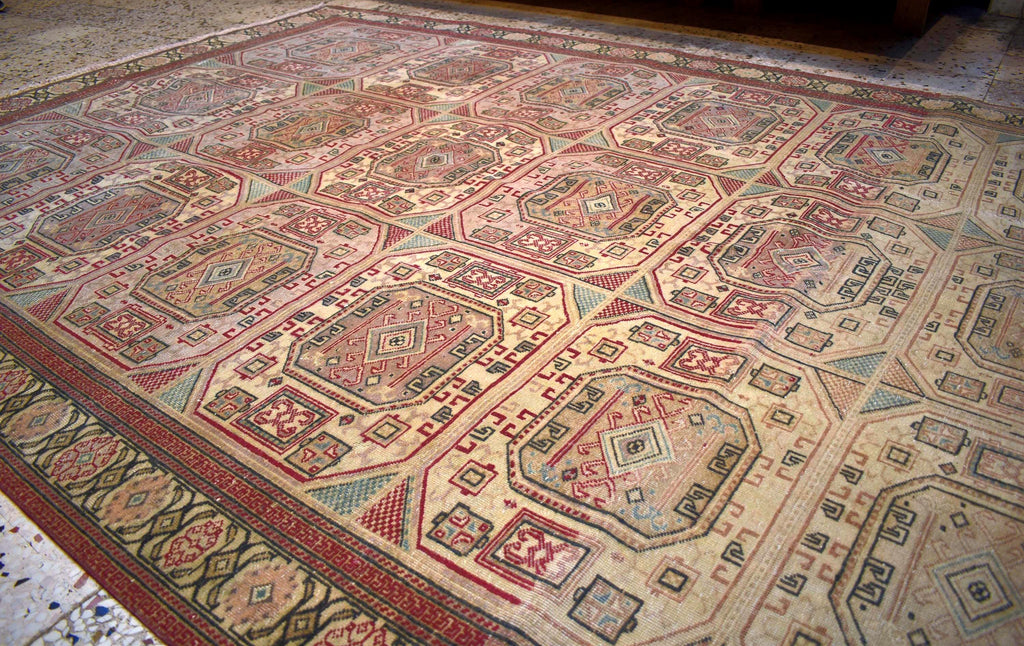 Hand Knotted Wool Rug 6.5x9.8 ft Vintage Turkish Kayseri Bunyan Rug, Large Living Room Area Rug, Beige Neutral Oriental Carpet One of a Kind