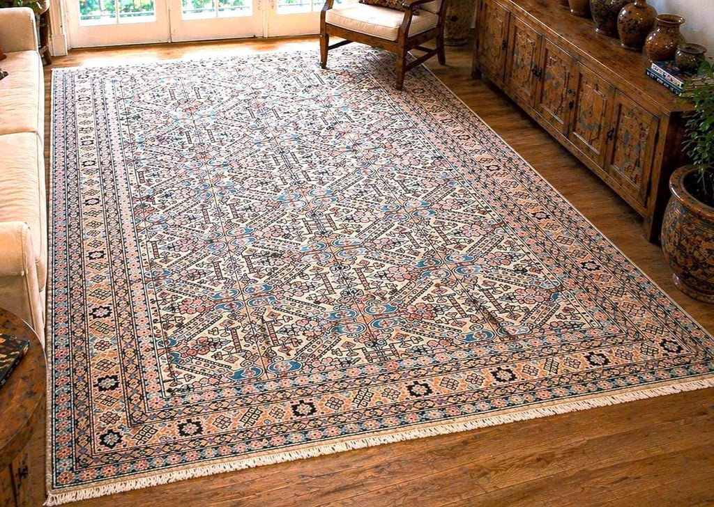 Vintage Turkish Kayseri Rug 11x7 ft, Hand Knotted Wool Carpet, Large Anatolian Area Rug, Beige Blue Living Room Rug, One of a Kind