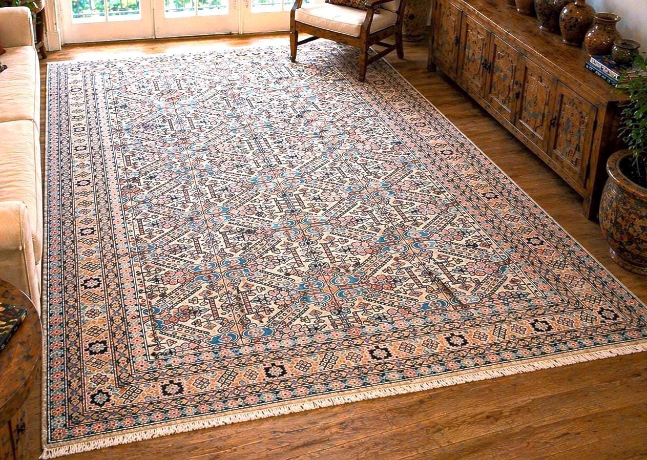 Vintage Turkish Kayseri Rug 11x7 ft, Hand Knotted Wool Carpet, Large Anatolian Area Rug, Beige Blue Living Room Rug, One of a Kind