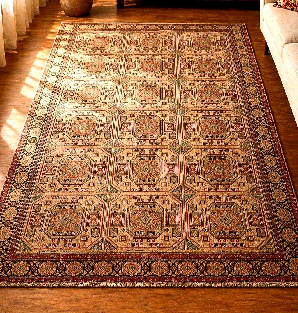 Hand Knotted Wool Rug 6.5x9.8 ft Vintage Turkish Kayseri Bunyan Rug, Large Living Room Area Rug, Beige Neutral Oriental Carpet One of a Kind