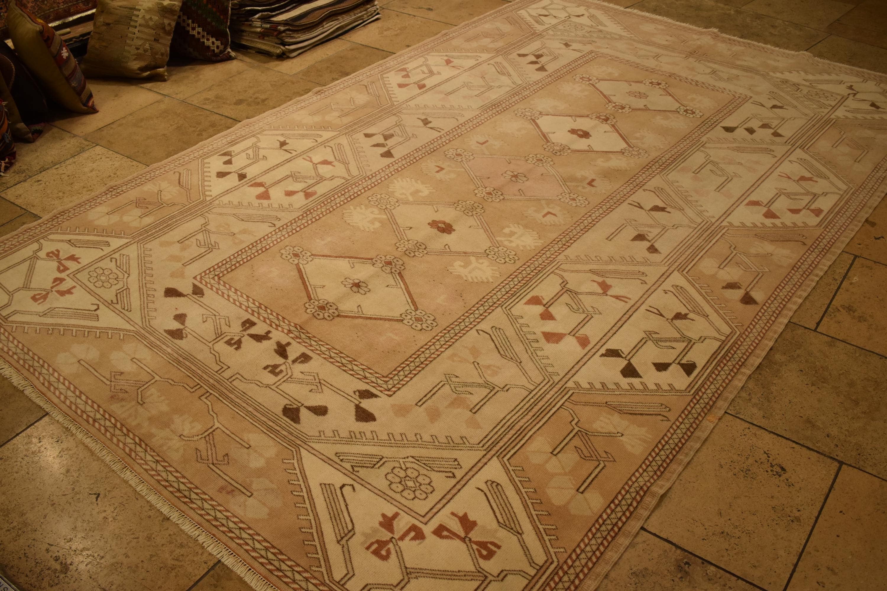 Vintage Turkish Milas Rug 10.2 x 6.5 ft – Handwoven 100% Wool Area Rug, Beige Brown Tribal Rug, Anatolian Geometric Carpet, One of a Kind