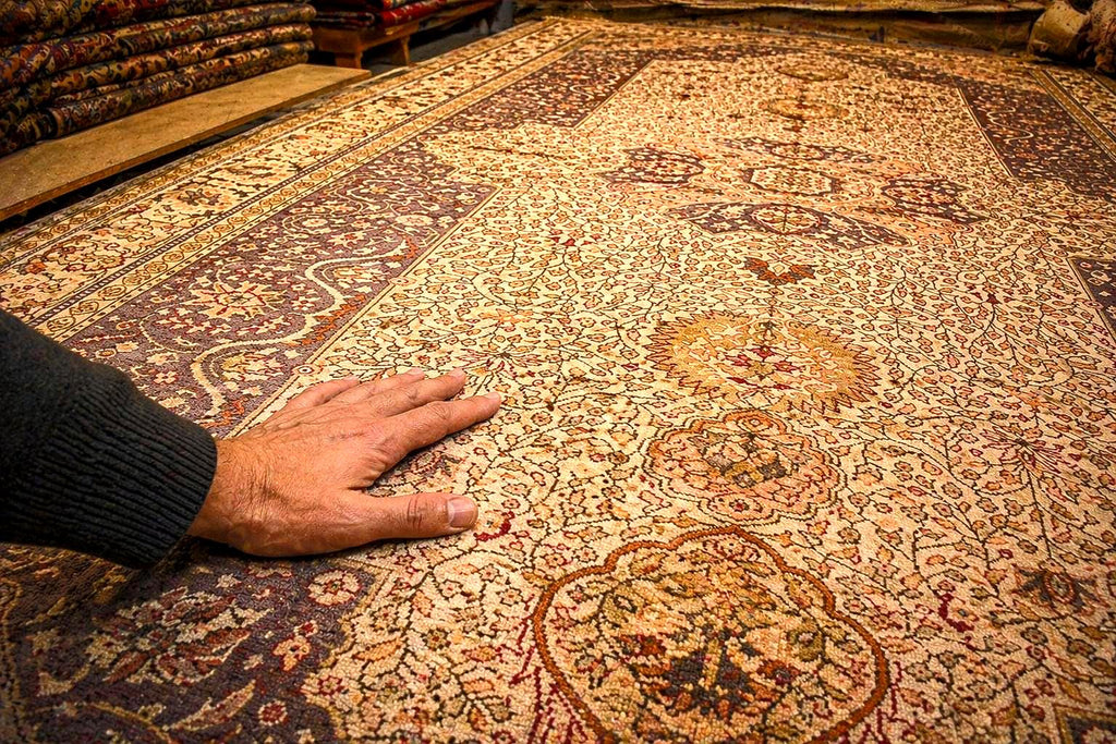 Hand Knotted Vintage Turkish Kayseri Rug 12x8 ft, Large Wool Area Rug, Neutral Oriental Carpet, One of a Kind Luxury Rug