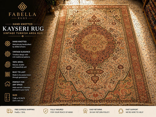 Hand Knotted Kayseri Rug 7.5x12 ft, Vintage Turkish Area Rug, Large Oushak Style Carpet, Handmade Wool Rug, Neutral Luxury Living Room Rug