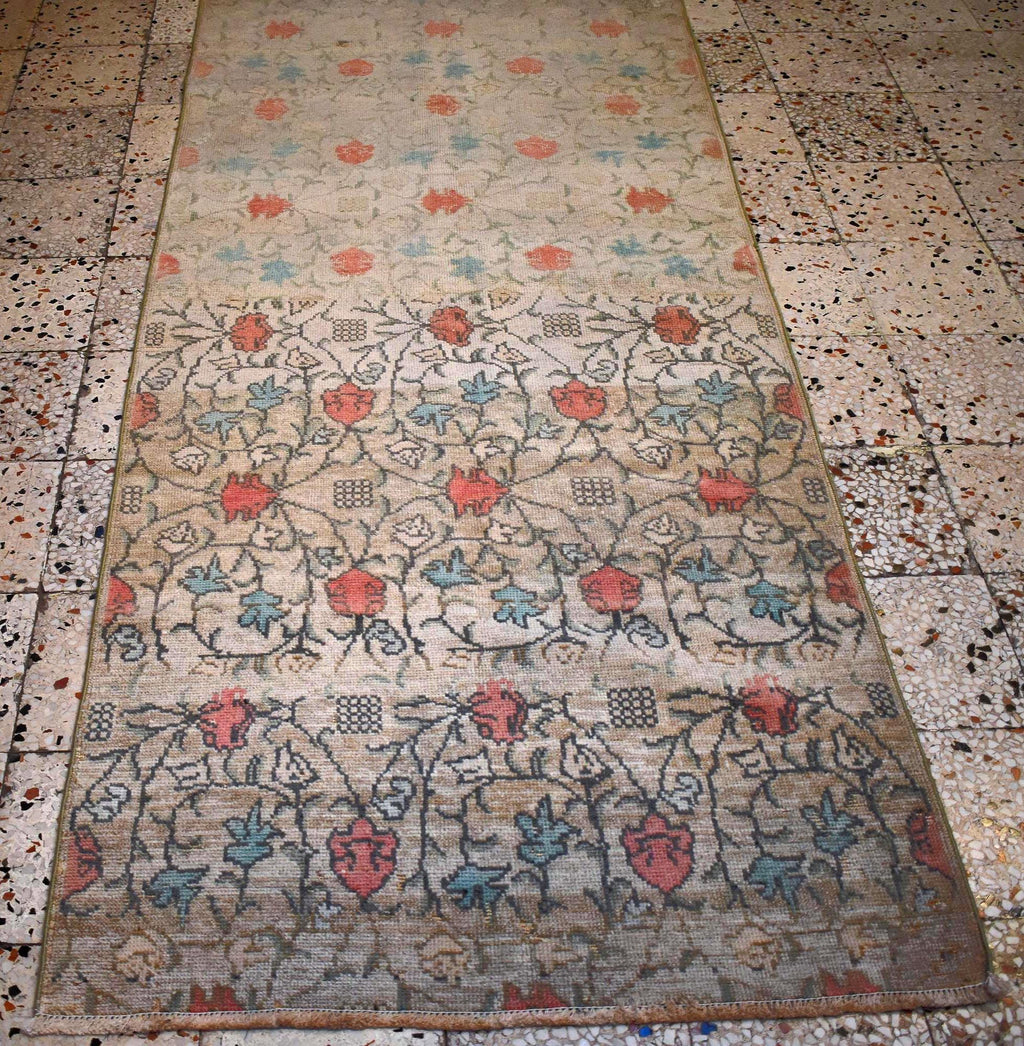 Hand Knotted Turkish Rug 8.3x3.5 ft Vintage Handmade Wool Rug, One of a Kind Oushak Style Runner Rug, Neutral Floral Area Rug