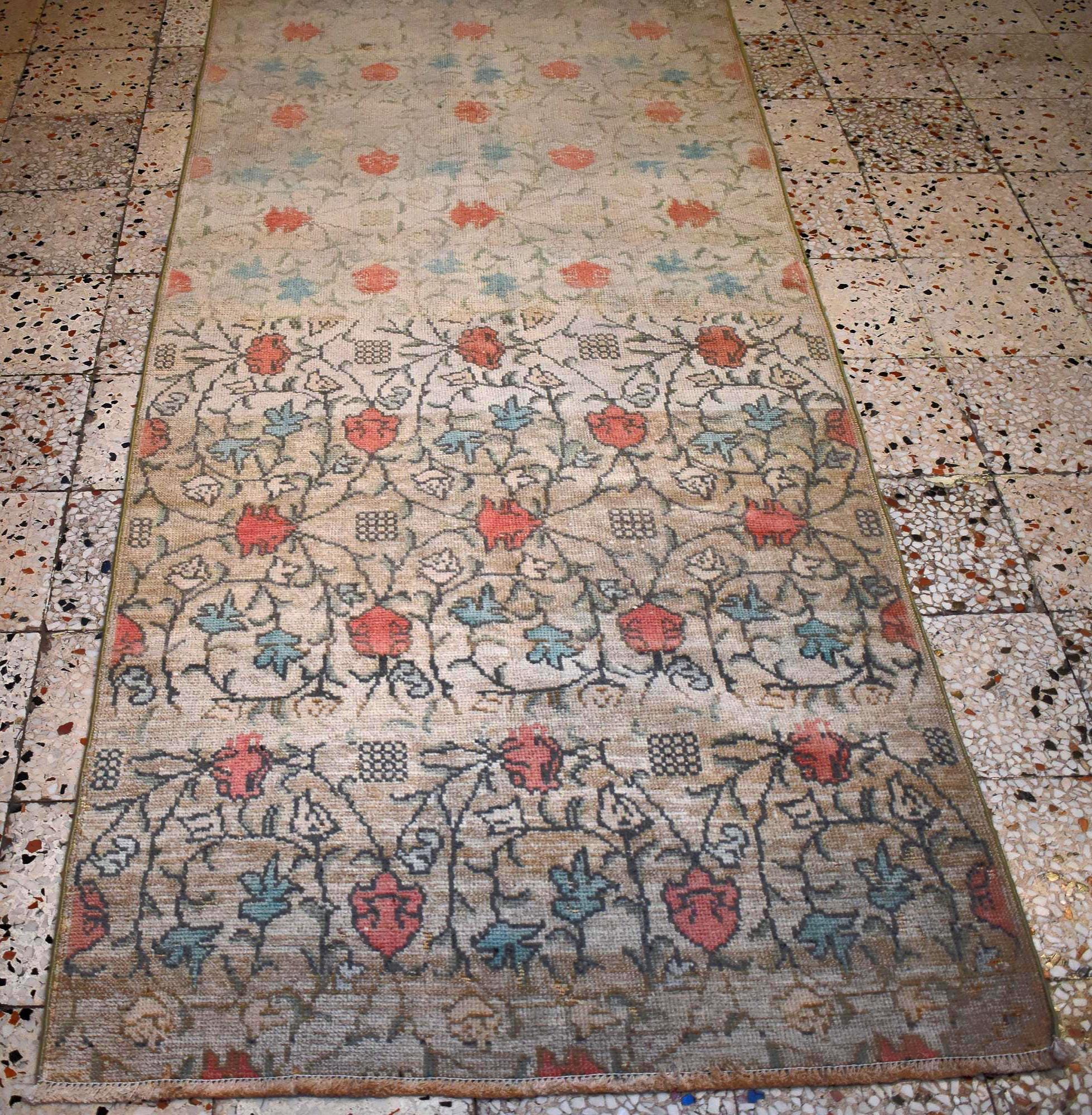 Hand Knotted Turkish Rug 8.3x3.5 ft Vintage Handmade Wool Rug, One of a Kind Oushak Style Runner Rug, Neutral Floral Area Rug