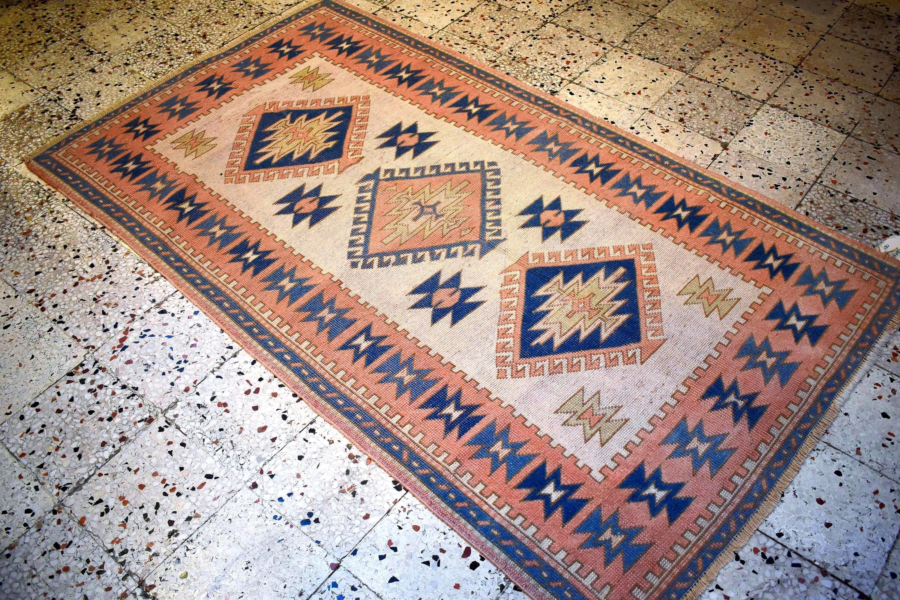 Vintage Turkish Kilim Rug 4x7 ft, Handwoven Wool Area Rug, Terracotta Navy Tribal Carpet, Boho Living Room Rug, One of a Kind
